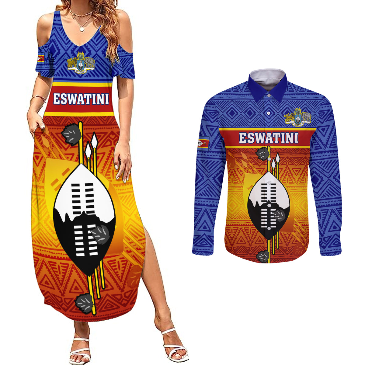 Eswatini Independence Day Couples Matching Summer Maxi Dress and Long Sleeve Button Shirts Swaziland Nguni Shield Gradient African Pattern - Wonder Print Shop