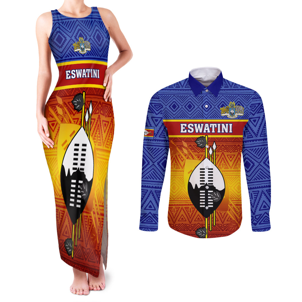 Eswatini Independence Day Couples Matching Tank Maxi Dress and Long Sleeve Button Shirts Swaziland Nguni Shield Gradient African Pattern - Wonder Print Shop