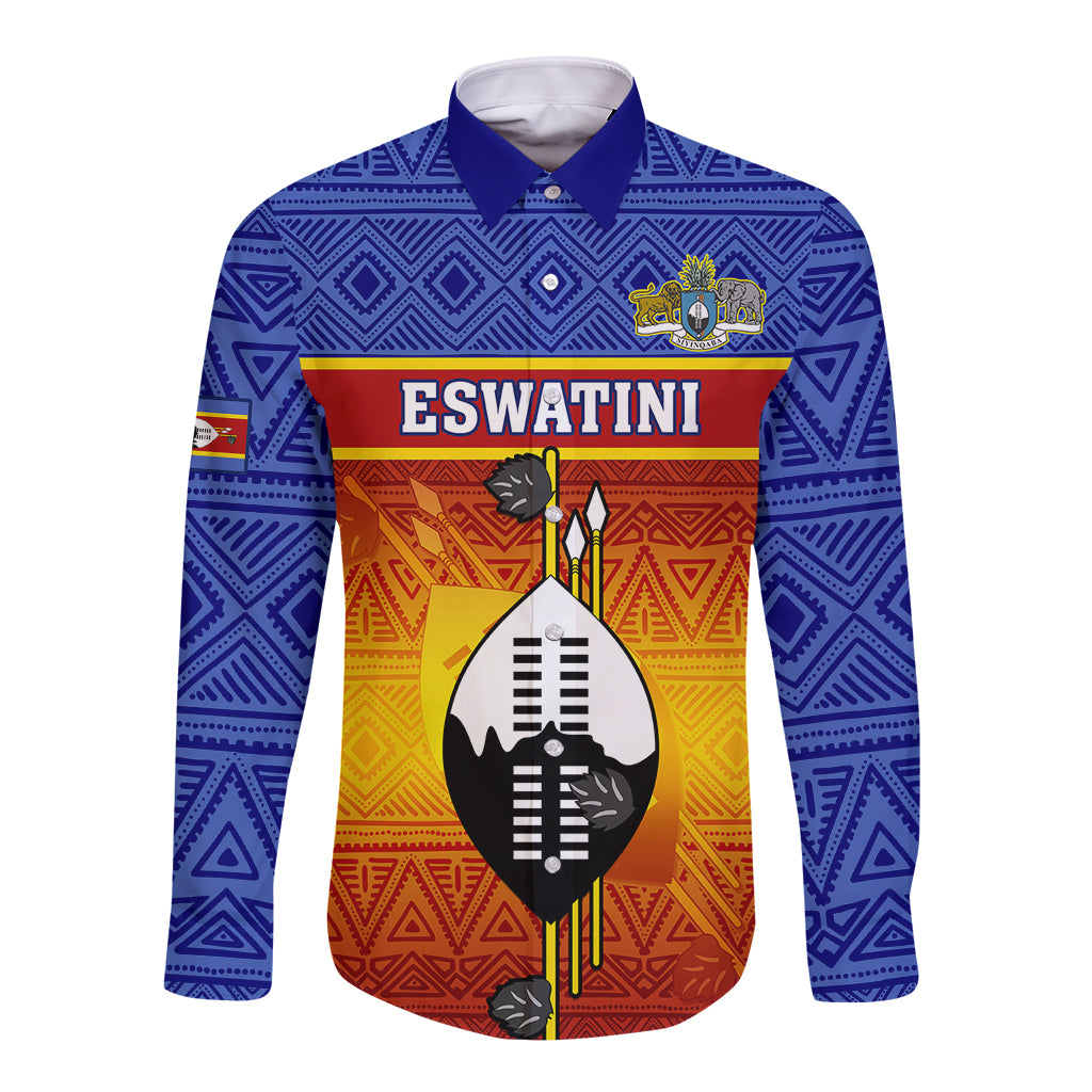 Long-sleeve button shirt, blue with geometric tribal pattern and ESWATINI graphic front