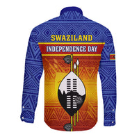 Long-sleeve button shirt, blue geometric pattern with SWAZILAND Independence Day back print