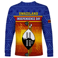Blue long-sleeve independence shirt with SWAZILAND INDEPENDENCE DAY text and Nguni shield