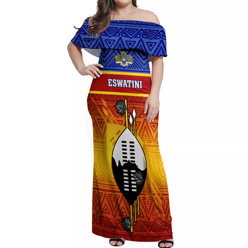 Eswatini Independence Day Off Shoulder Maxi Dress Swaziland Nguni Shield Gradient African Pattern - Wonder Print Shop