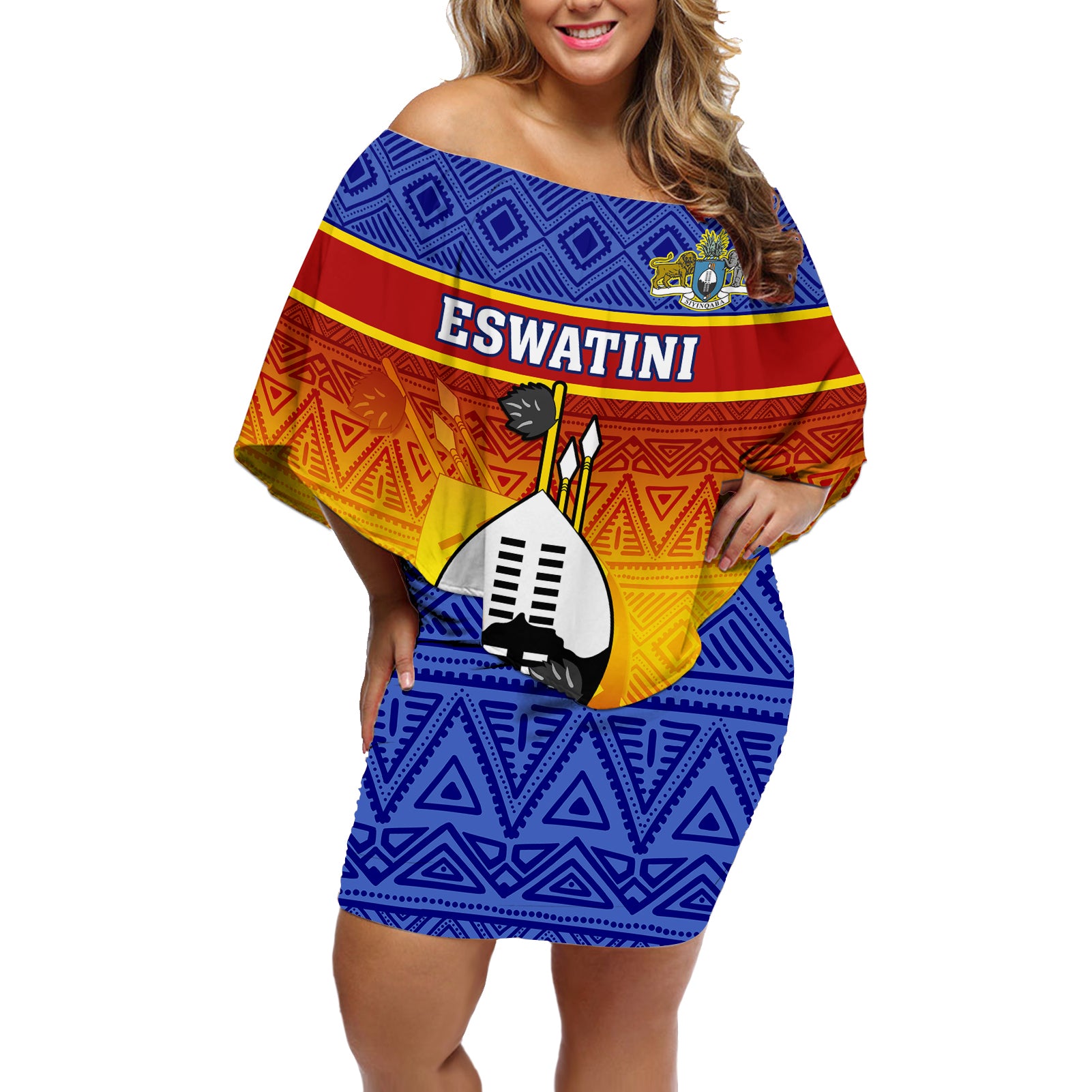 Eswatini Independence Day Off Shoulder Short Dress Swaziland Nguni Shield Gradient African Pattern - Wonder Print Shop