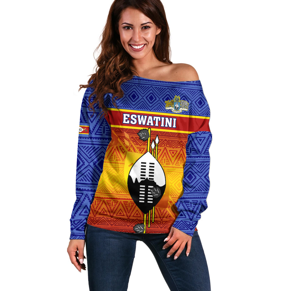 Eswatini Independence Day Off Shoulder Sweater Swaziland Nguni Shield Gradient African Pattern - Wonder Print Shop