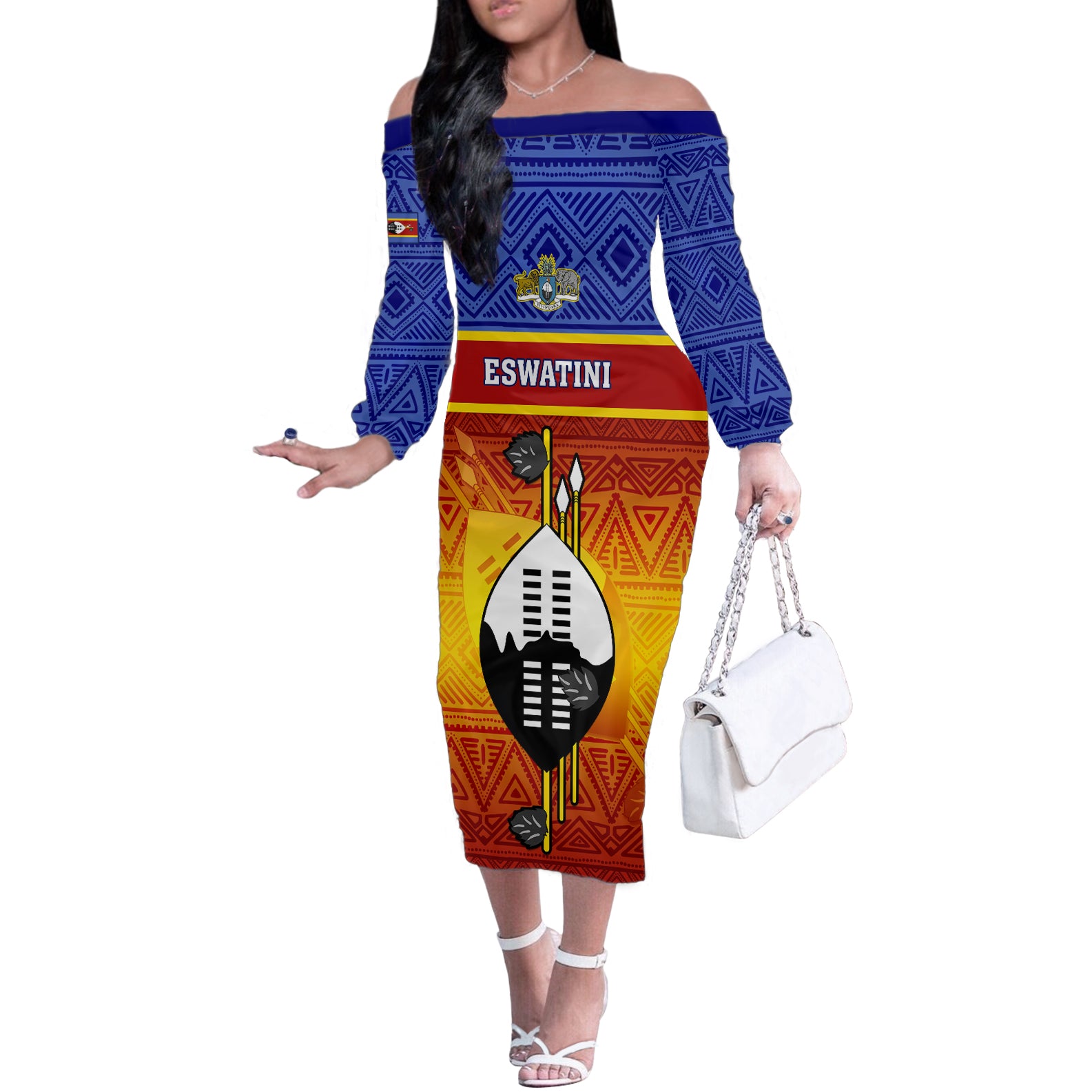 Eswatini Independence Day Off The Shoulder Long Sleeve Dress Swaziland Nguni Shield Gradient African Pattern - Wonder Print Shop