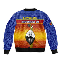 Blue unisex zip bomber jacket, ribbed hem, large shield graphic on back