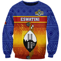 Unisex blue sweatshirt with tribal pattern and ESWATINI graphic shield front