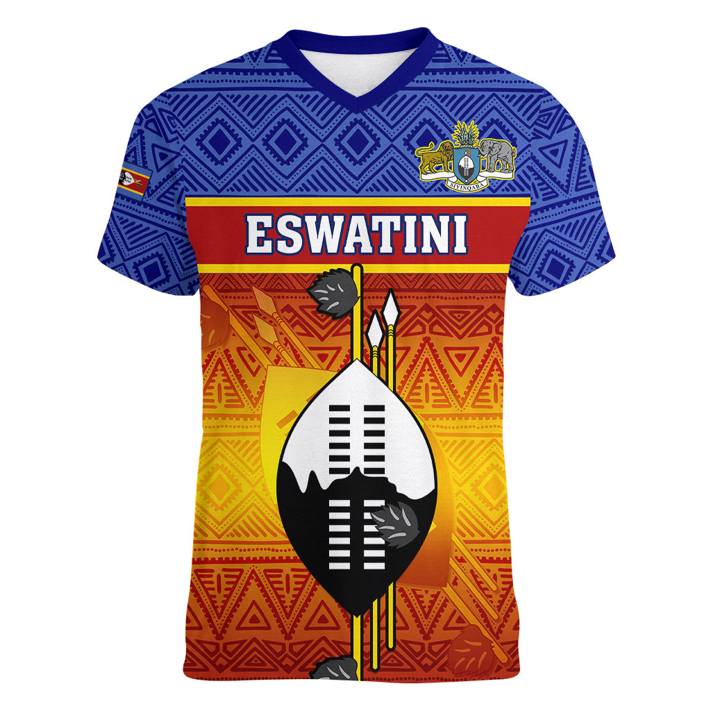 Eswatini Independence Day Women V Neck T Shirt Swaziland Nguni Shield Gradient African Pattern - Wonder Print Shop