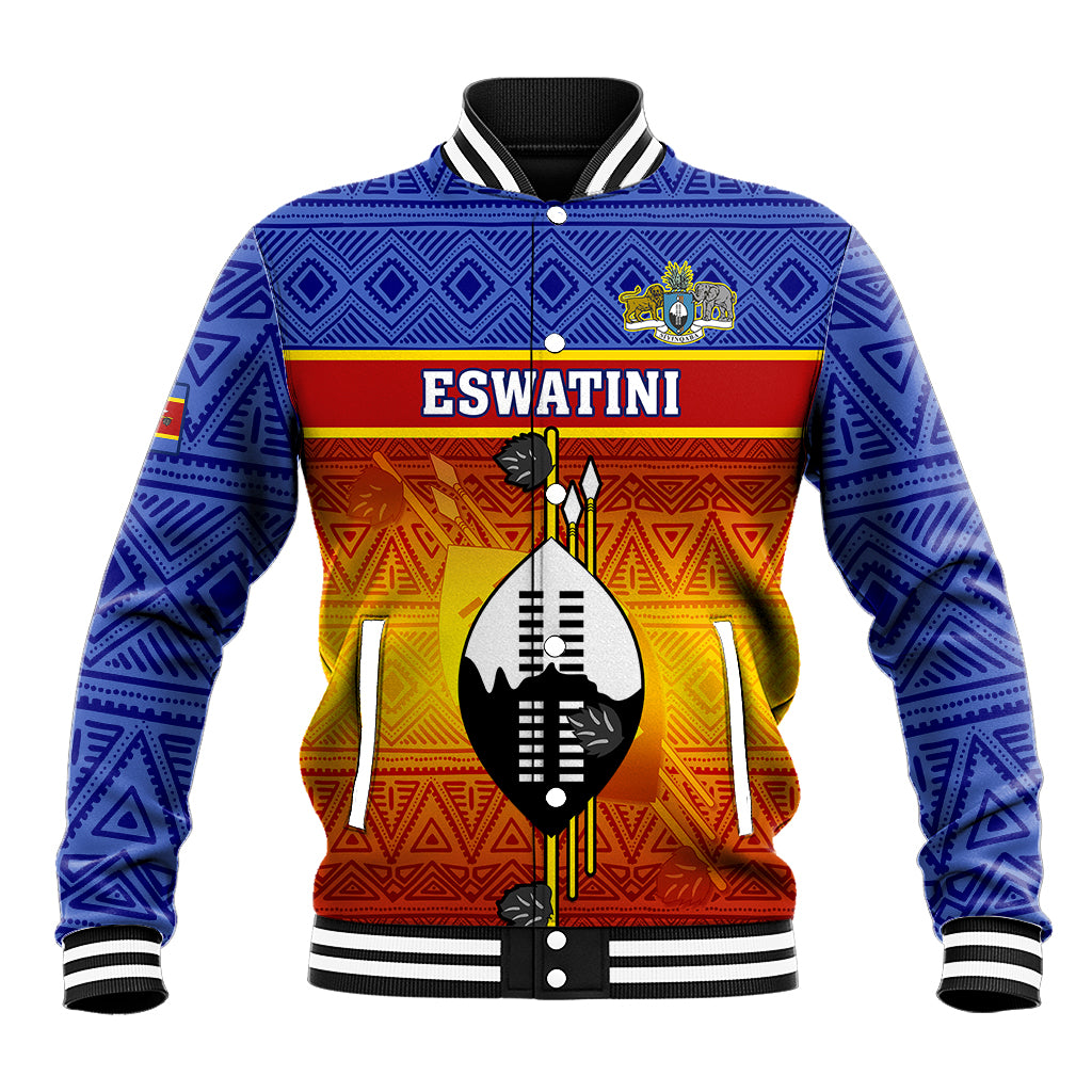 Blue baseball jacket with red–gold geometric pattern and ESWATINI chest graphic