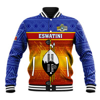 Blue baseball jacket with red–gold geometric pattern and ESWATINI chest graphic