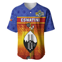 Eswatini baseball jersey with blue tribal pattern and shield graphic, ESWATINI text