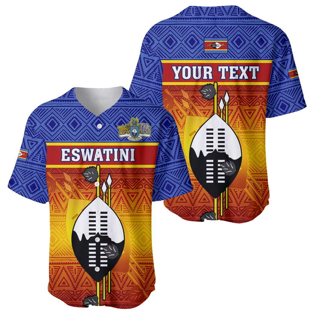 Dual view Eswatini baseball jersey set: blue geometric front and back with shield prints