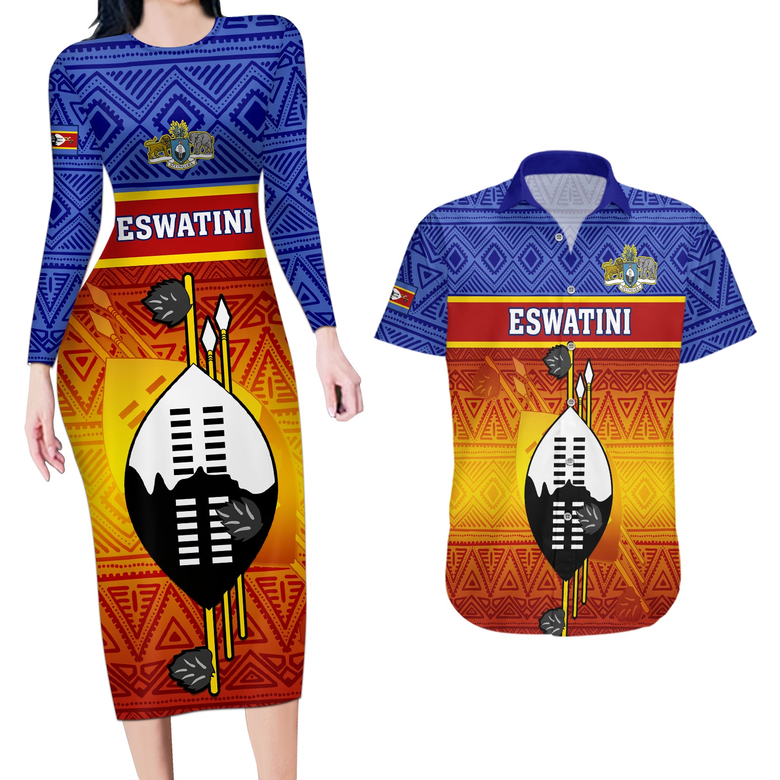 Personalised Eswatini Independence Day Couples Matching Long Sleeve Bodycon Dress and Hawaiian Shirt Swaziland Nguni Shield Gradient African Pattern - Wonder Print Shop