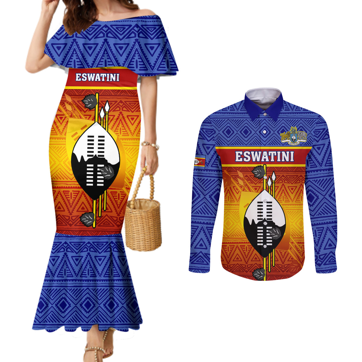 personalised-eswatini-independence-day-couples-matching-mermaid-dress-and-long-sleeve-button-shirts-swaziland-nguni-shield-gradient-african-pattern