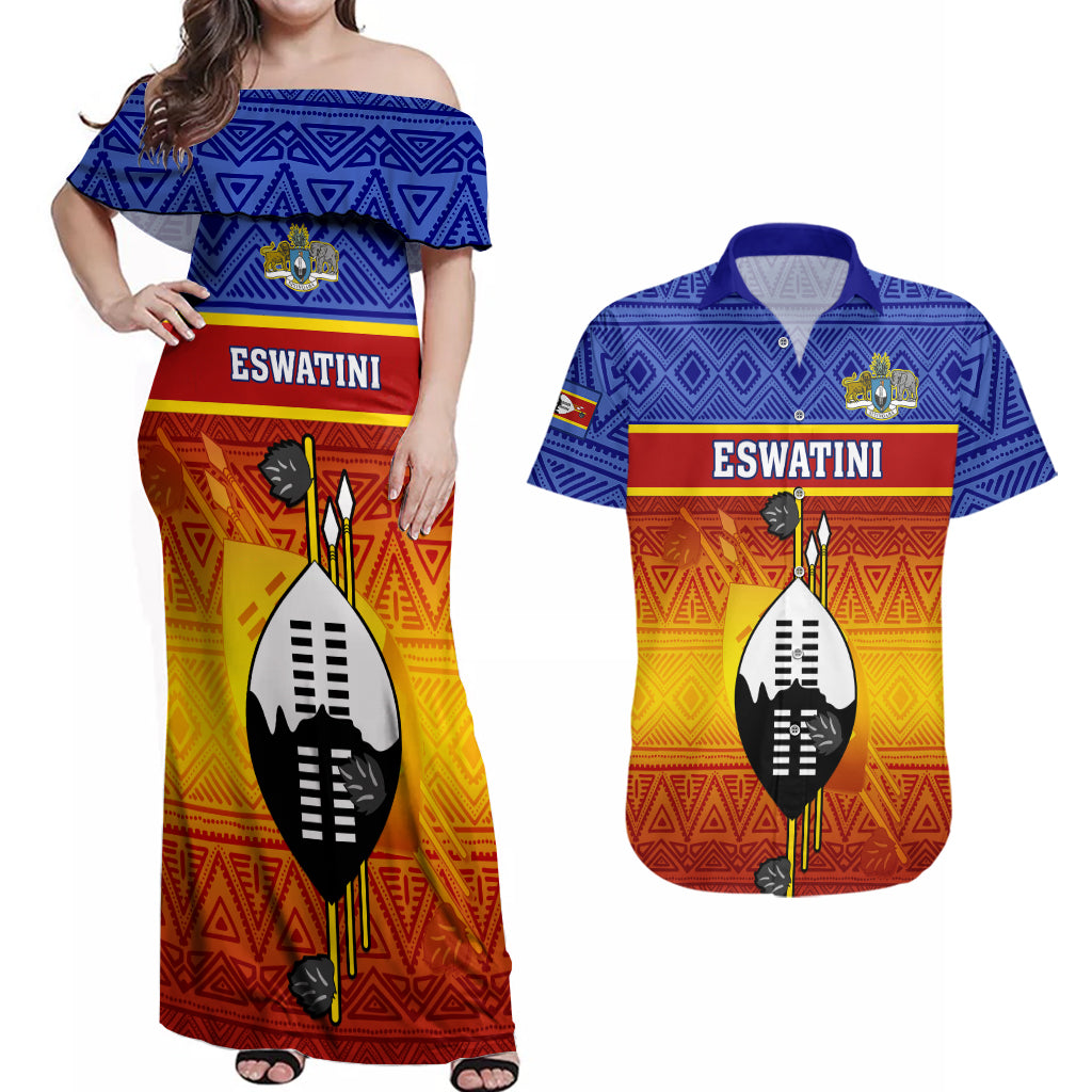 Personalised Eswatini Independence Day Couples Matching Off Shoulder Maxi Dress and Hawaiian Shirt Swaziland Nguni Shield Gradient African Pattern - Wonder Print Shop