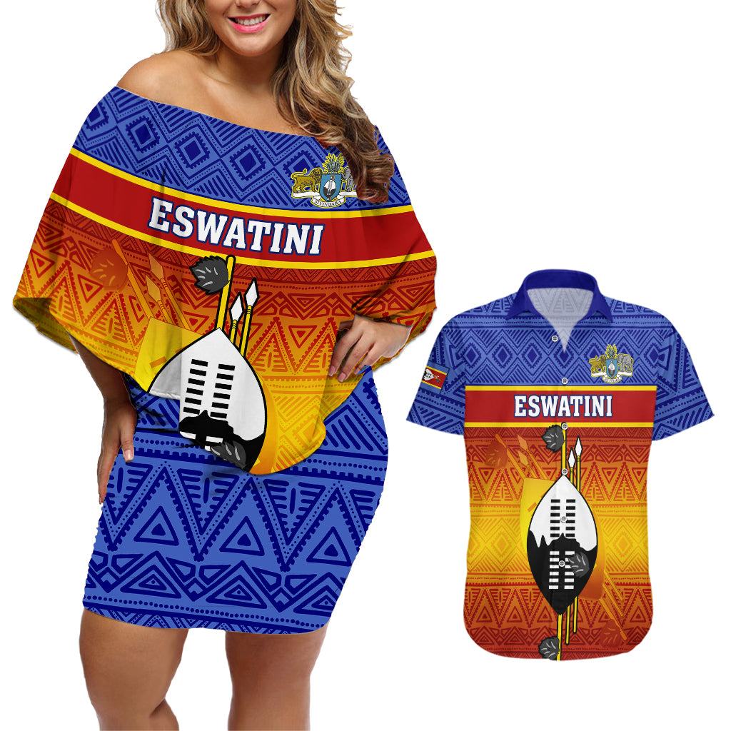 Personalised Eswatini Independence Day Couples Matching Off Shoulder Short Dress and Hawaiian Shirt Swaziland Nguni Shield Gradient African Pattern - Wonder Print Shop