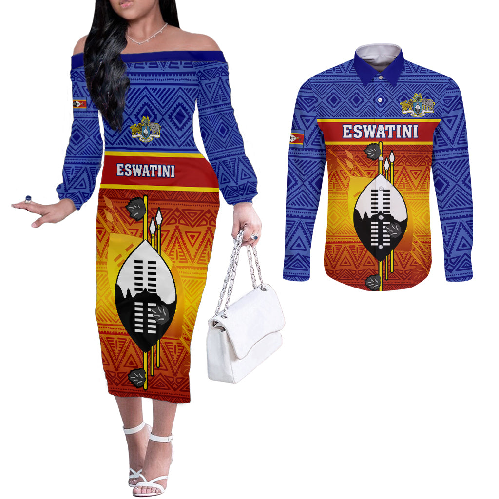 personalised-eswatini-independence-day-couples-matching-off-the-shoulder-long-sleeve-dress-and-long-sleeve-button-shirts-swaziland-nguni-shield-gradient-african-pattern