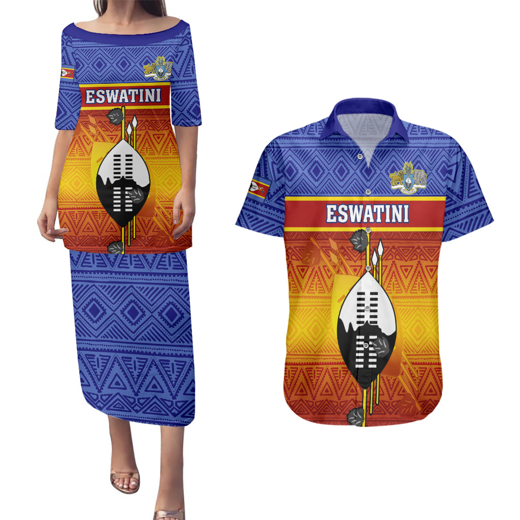 Personalised Eswatini Independence Day Couples Matching Puletasi Dress and Hawaiian Shirt Swaziland Nguni Shield Gradient African Pattern - Wonder Print Shop