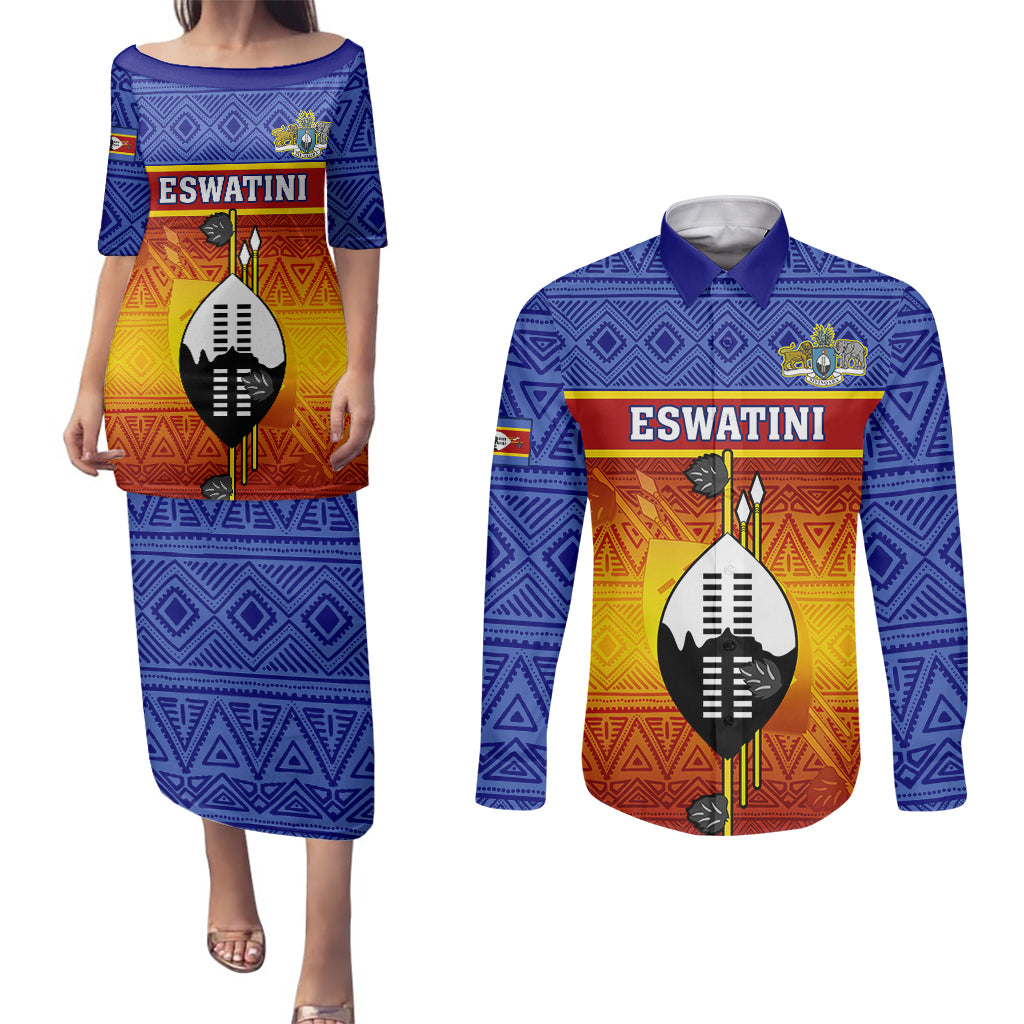 Personalised Eswatini Independence Day Couples Matching Puletasi Dress and Long Sleeve Button Shirts Swaziland Nguni Shield Gradient African Pattern - Wonder Print Shop