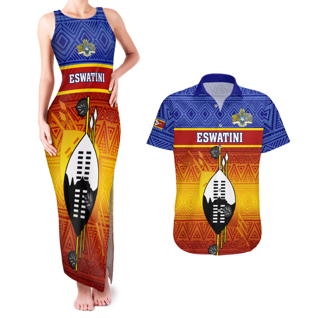 Personalised Eswatini Independence Day Couples Matching Tank Maxi Dress and Hawaiian Shirt Swaziland Nguni Shield Gradient African Pattern - Wonder Print Shop