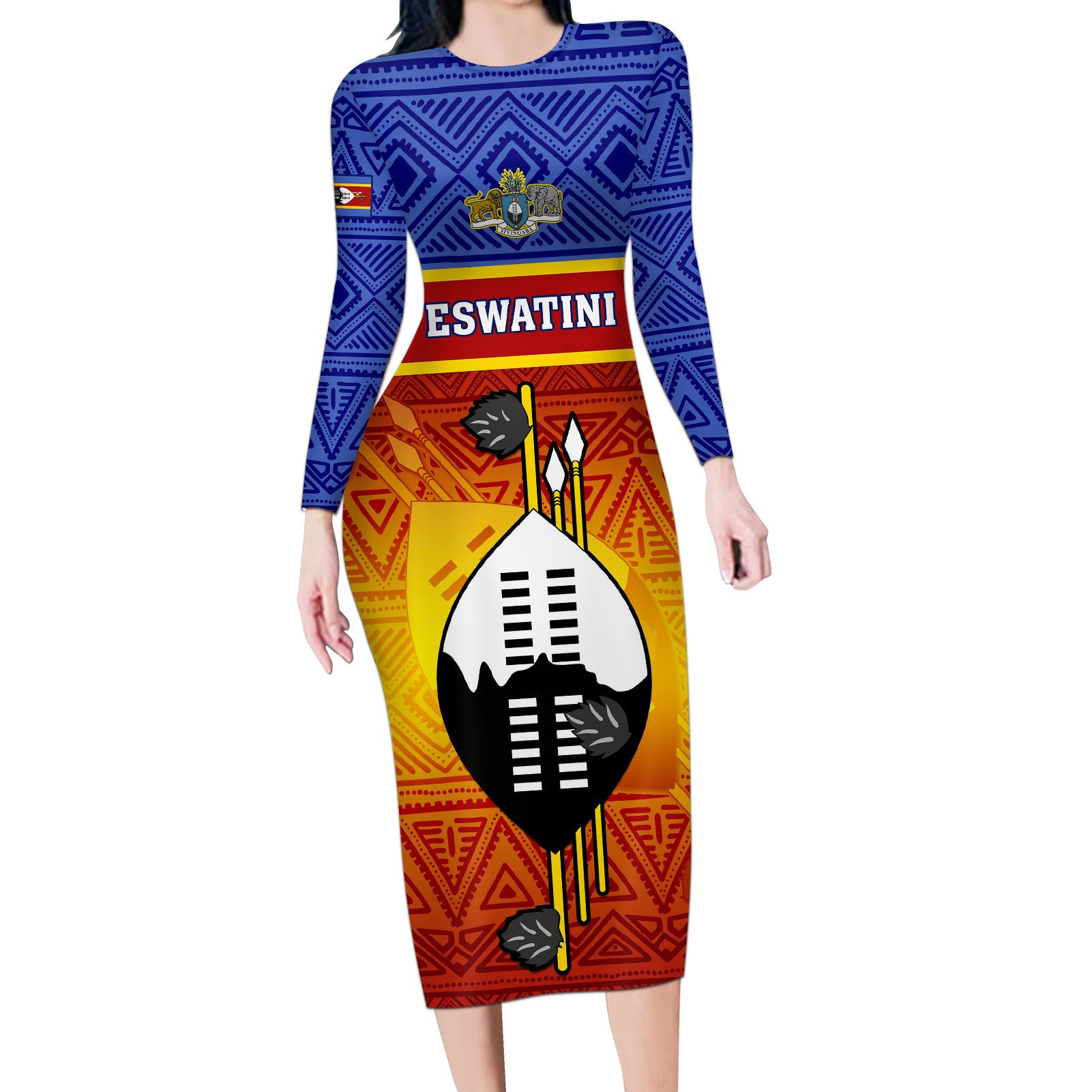 personalised-eswatini-independence-day-long-sleeve-bodycon-dress-swaziland-nguni-shield-gradient-african-pattern