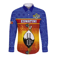 Blue long-sleeve button shirt with shield-style African pattern and Eswatini crest front