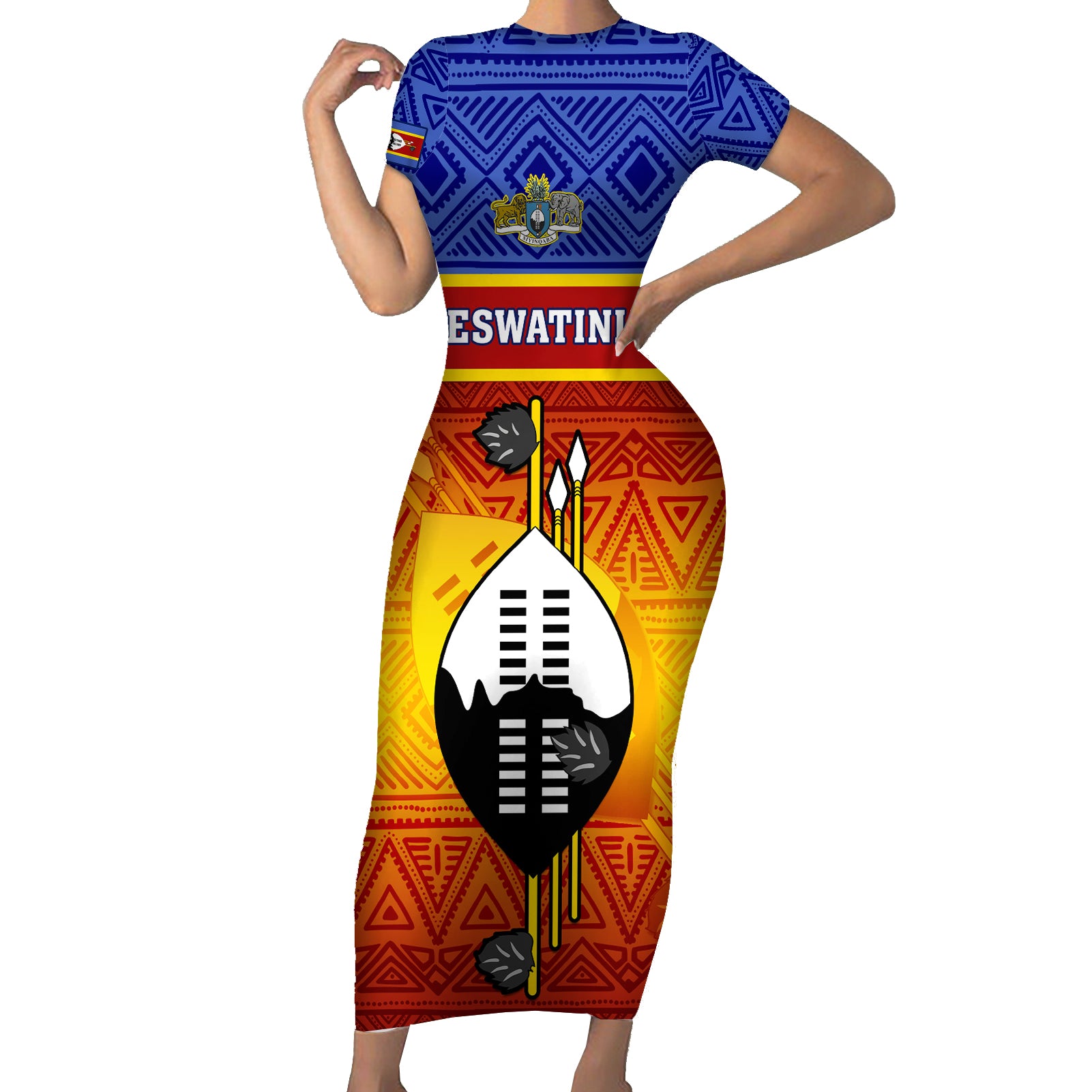 personalised-eswatini-independence-day-short-sleeve-bodycon-dress-swaziland-nguni-shield-gradient-african-pattern