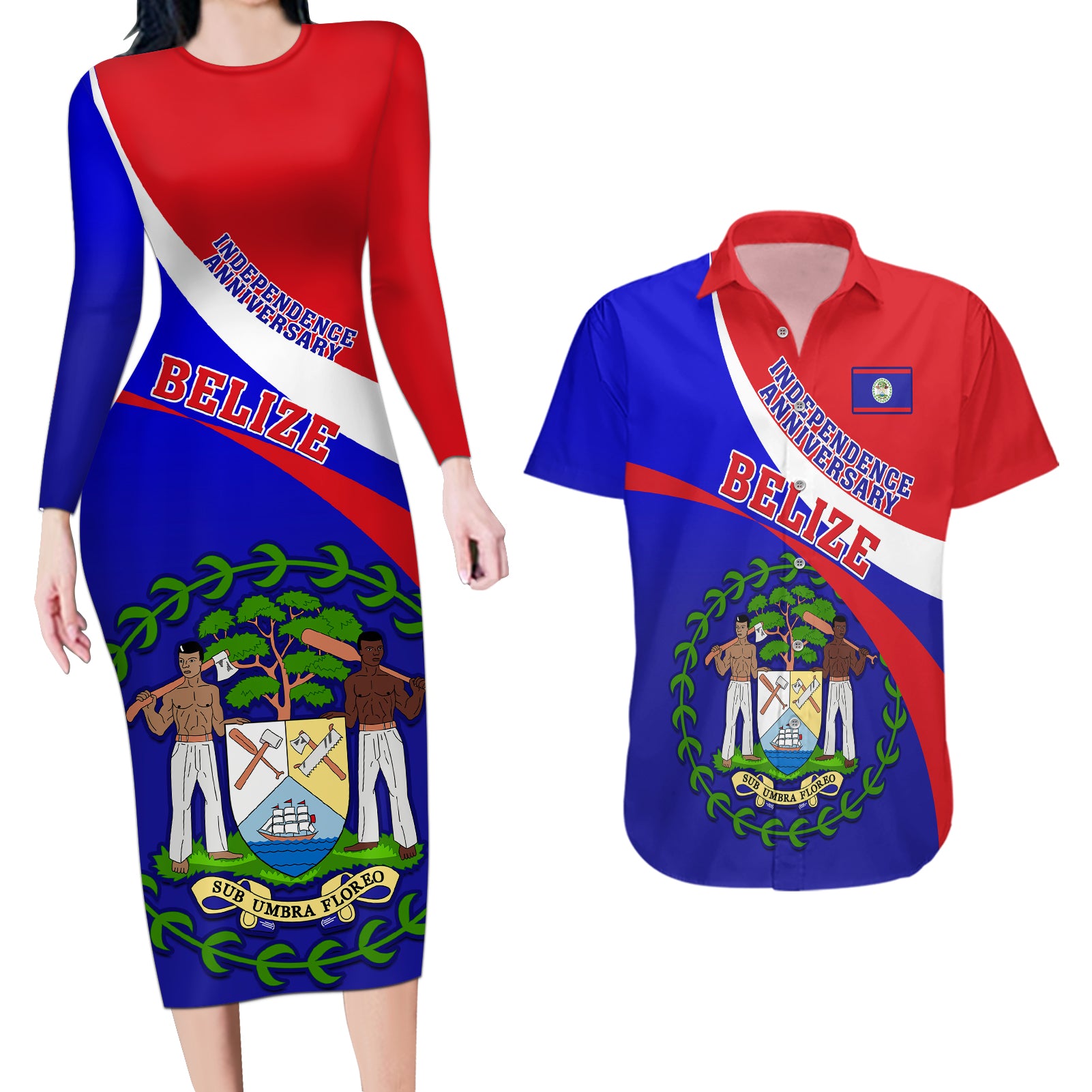 Belize Independence Day Couples Matching Long Sleeve Bodycon Dress and Hawaiian Shirt Coat Of Arms Curve Style - Wonder Print Shop