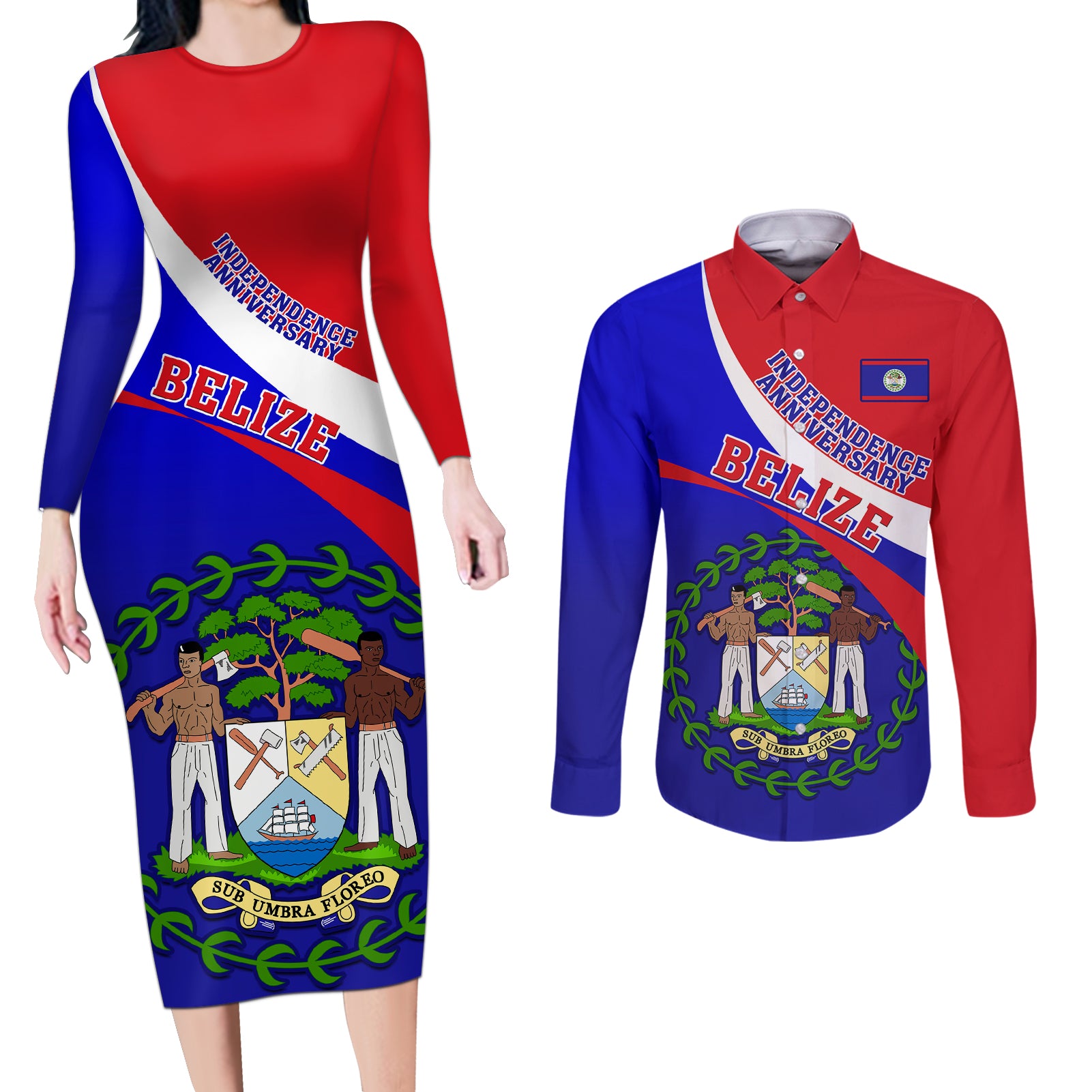 Belize Independence Day Couples Matching Long Sleeve Bodycon Dress and Long Sleeve Button Shirts Coat Of Arms Curve Style - Wonder Print Shop