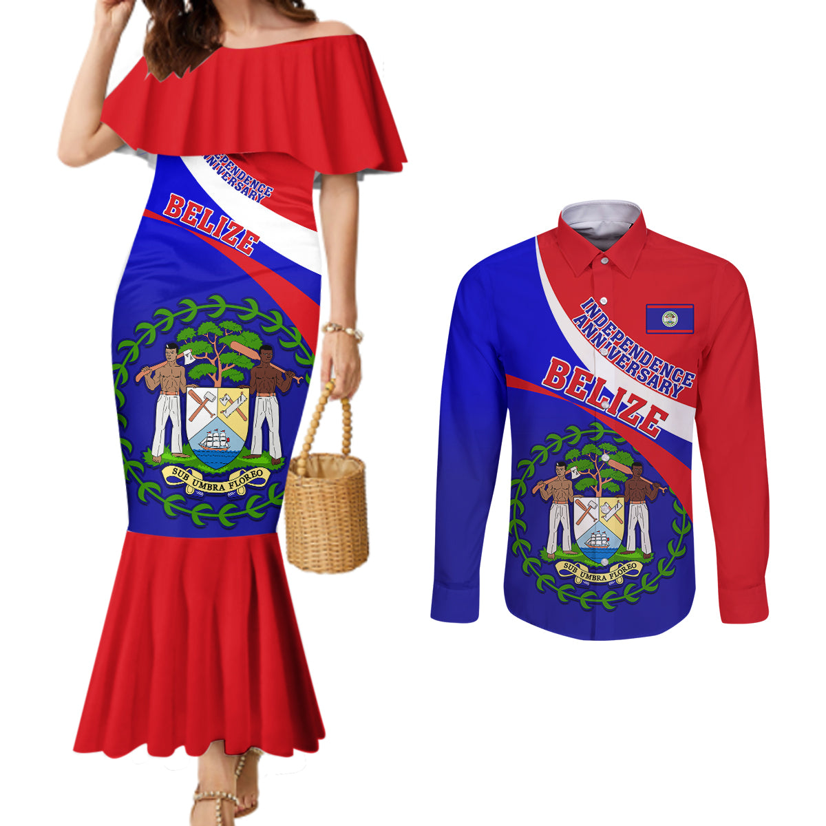 belize-independence-day-couples-matching-mermaid-dress-and-long-sleeve-button-shirts-coat-of-arms-curve-style