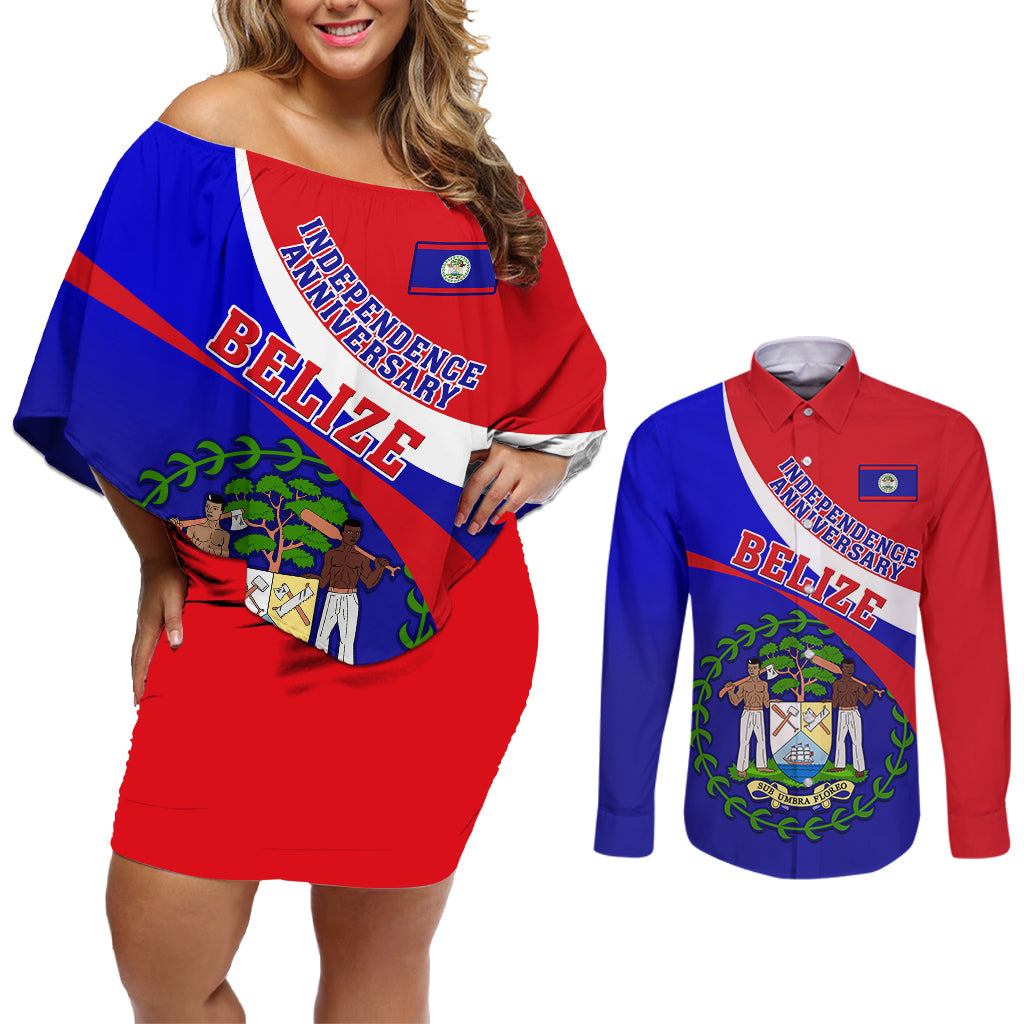 Belize Independence Day Couples Matching Off Shoulder Short Dress and Long Sleeve Button Shirts Coat Of Arms Curve Style - Wonder Print Shop