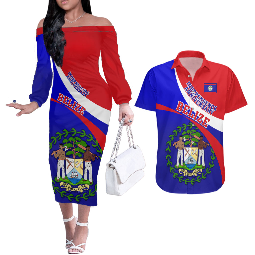 Belize Independence Day Couples Matching Off The Shoulder Long Sleeve Dress and Hawaiian Shirt Coat Of Arms Curve Style - Wonder Print Shop