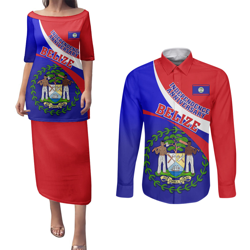 Belize Independence Day Couples Matching Puletasi Dress and Long Sleeve Button Shirts Coat Of Arms Curve Style - Wonder Print Shop