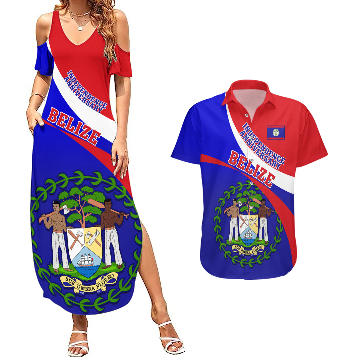 Belize Independence Day Couples Matching Summer Maxi Dress and Hawaiian Shirt Coat Of Arms Curve Style - Wonder Print Shop