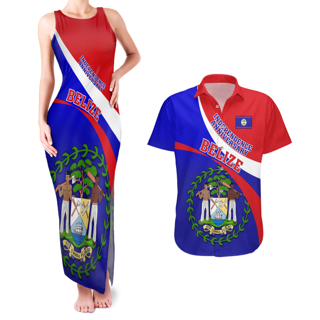 Belize Independence Day Couples Matching Tank Maxi Dress and Hawaiian Shirt Coat Of Arms Curve Style - Wonder Print Shop