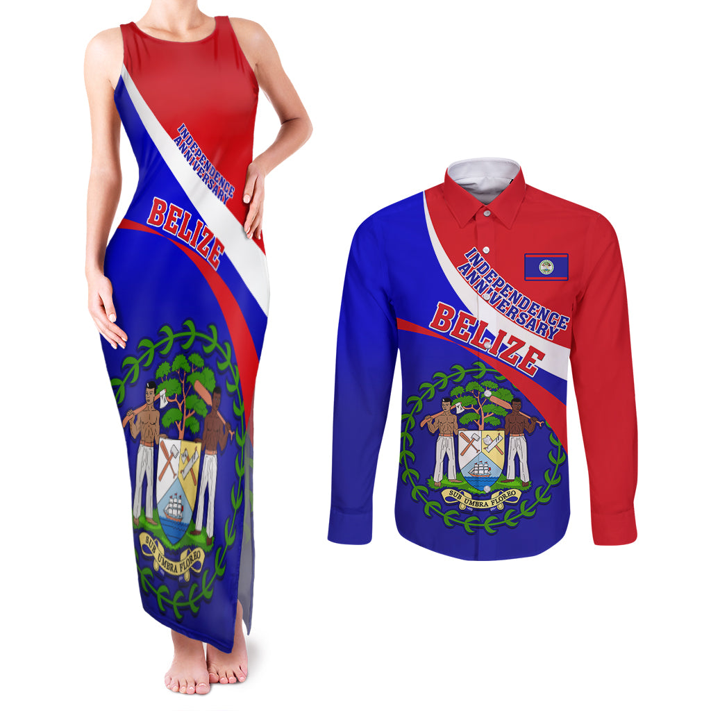 Belize Independence Day Couples Matching Tank Maxi Dress and Long Sleeve Button Shirts Coat Of Arms Curve Style - Wonder Print Shop