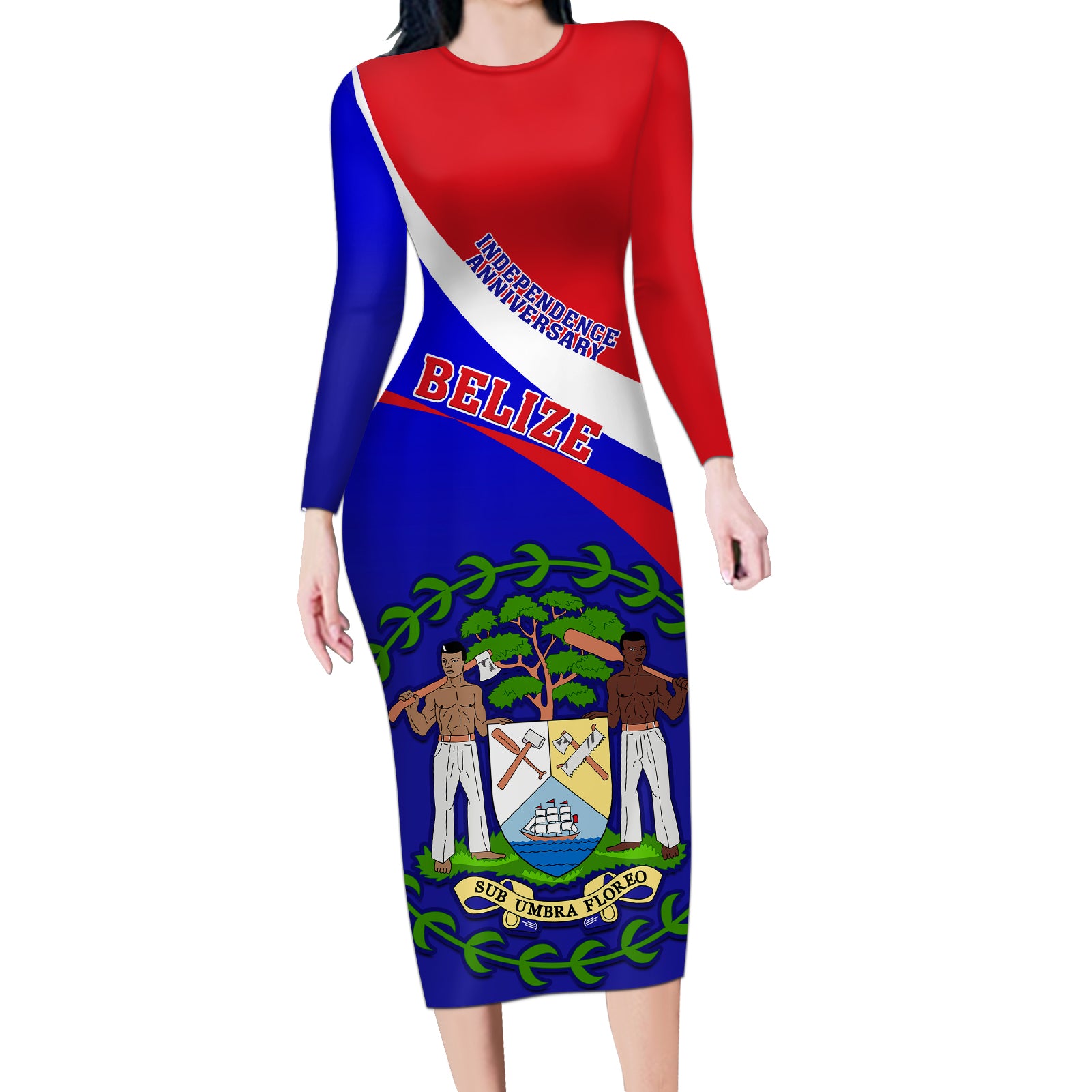 Belize Independence Day Long Sleeve Bodycon Dress Coat Of Arms Curve Style - Wonder Print Shop