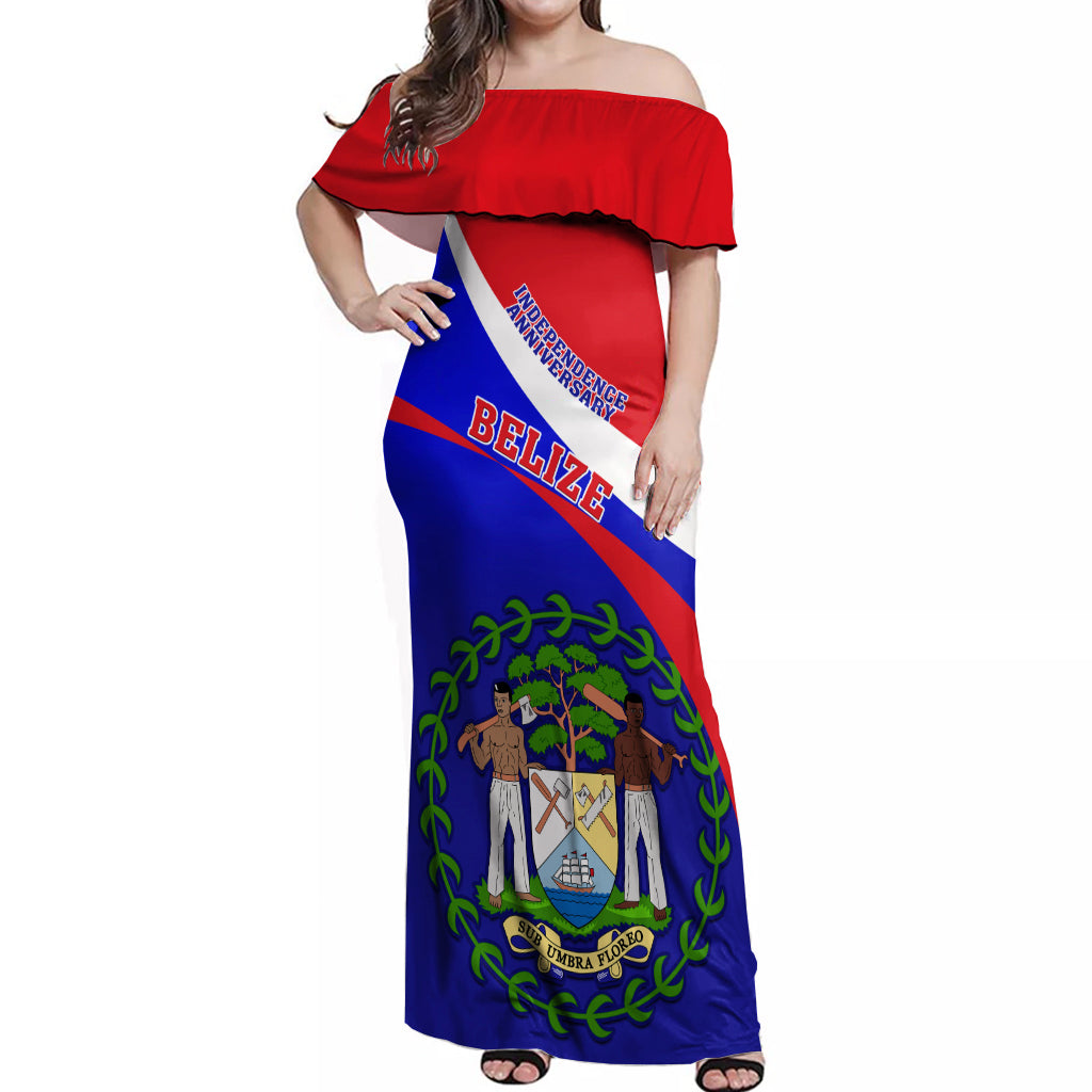 Belize Independence Day Off Shoulder Maxi Dress Coat Of Arms Curve Style - Wonder Print Shop