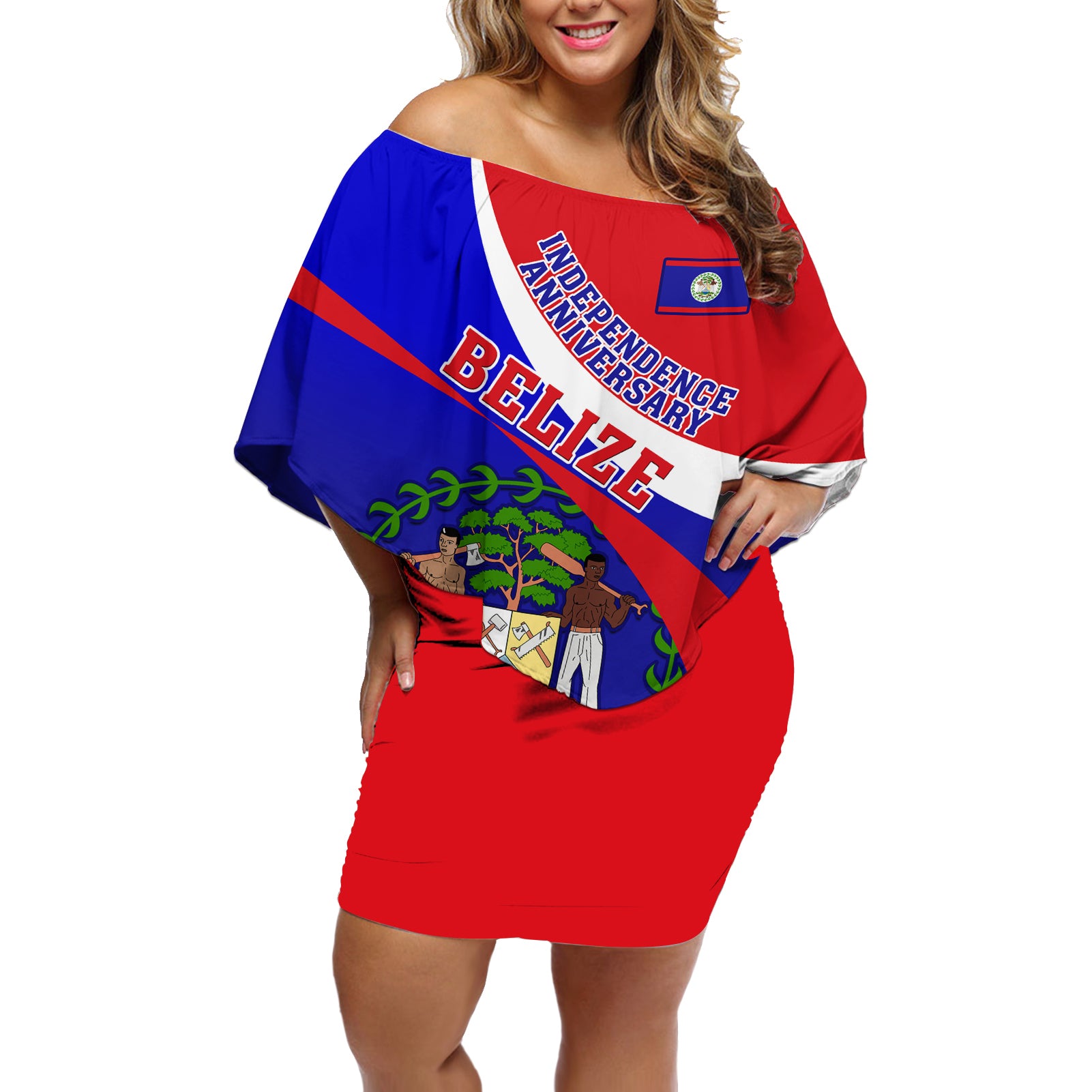 Belize Independence Day Off Shoulder Short Dress Coat Of Arms Curve Style - Wonder Print Shop