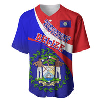 Red and blue baseball jersey with Belize crest and Independence Anniversary text