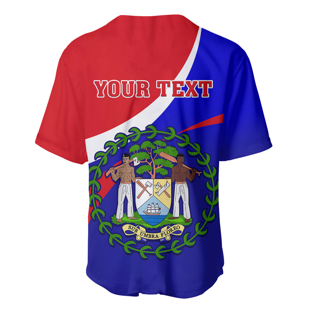 Red and blue baseball jersey back with Belize crest and YOUR TEXT