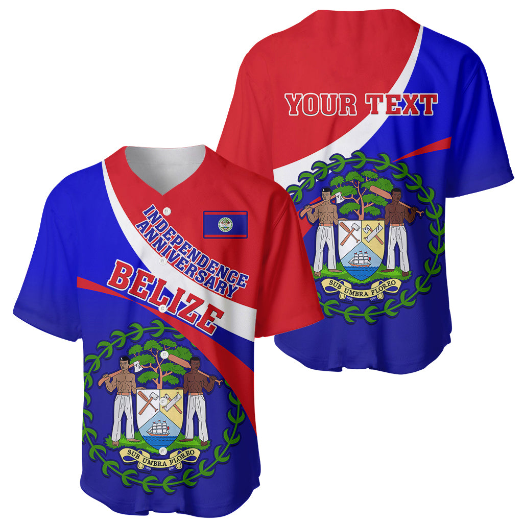 Red and blue baseball jersey front and back with Belize crest and YOUR TEXT