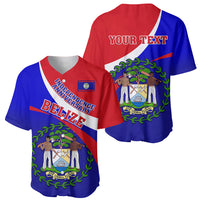 Red and blue baseball jersey front and back with Belize crest and YOUR TEXT