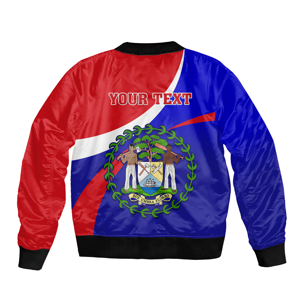 Red and blue bomber jacket with zip front, white diagonal stripe, center coat of arms, ribbed hem