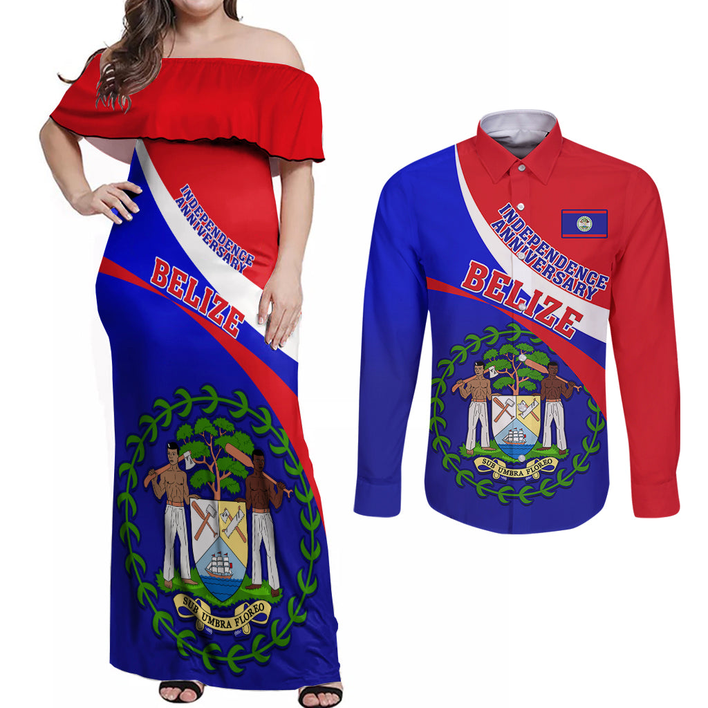 Personalised Belize Independence Day Couples Matching Off Shoulder Maxi Dress and Long Sleeve Button Shirts Coat Of Arms Curve Style - Wonder Print Shop