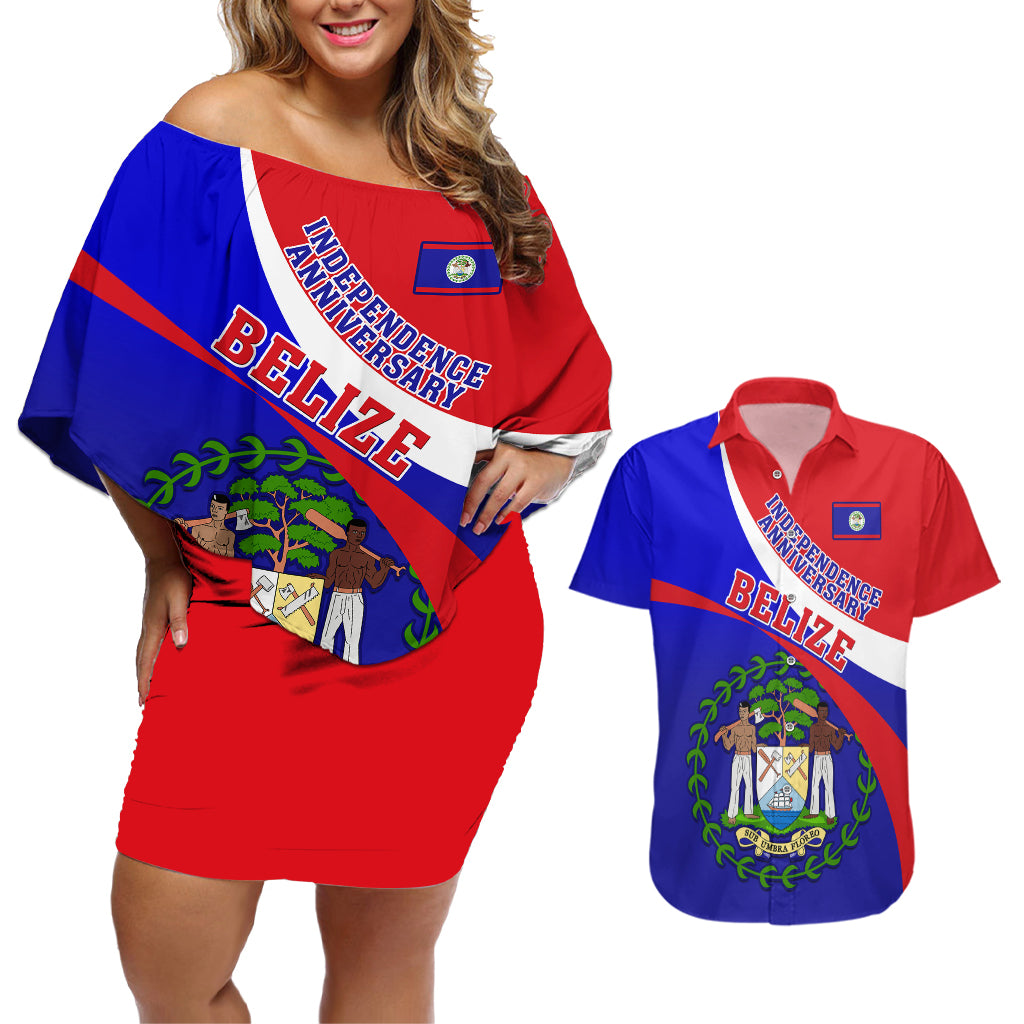 Personalised Belize Independence Day Couples Matching Off Shoulder Short Dress and Hawaiian Shirt Coat Of Arms Curve Style - Wonder Print Shop