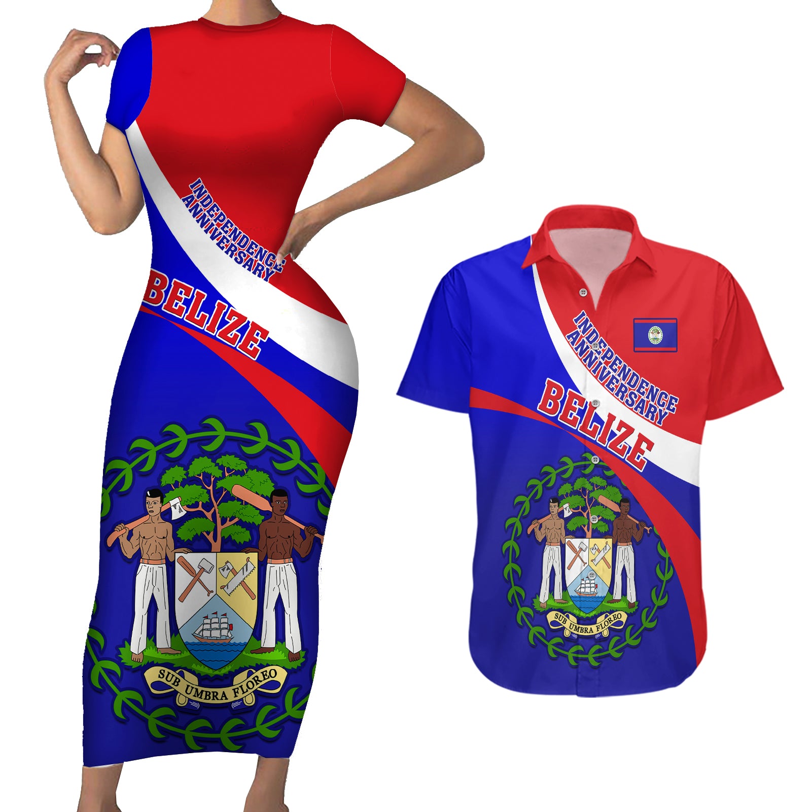 Personalised Belize Independence Day Couples Matching Short Sleeve Bodycon Dress and Hawaiian Shirt Coat Of Arms Curve Style - Wonder Print Shop