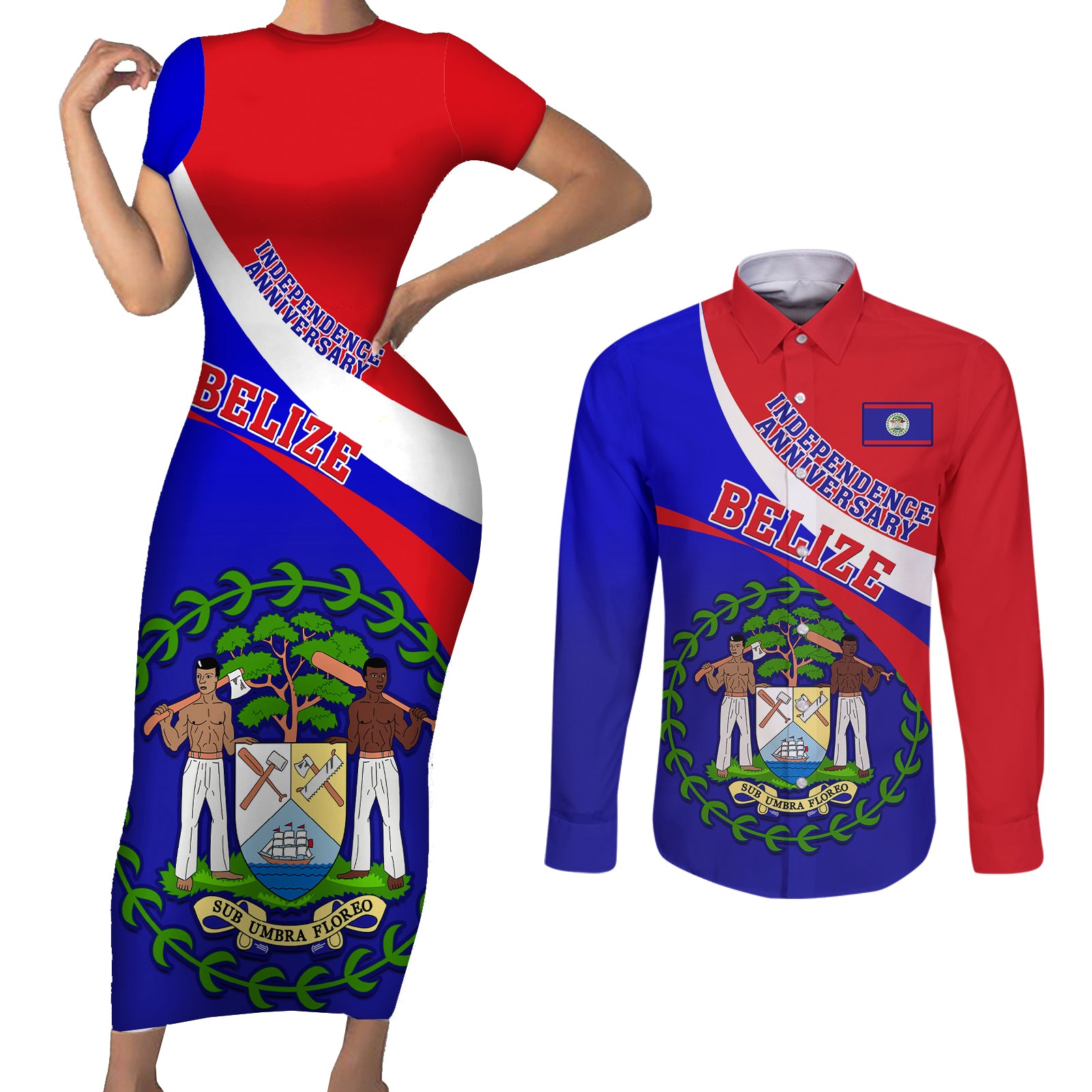 Personalised Belize Independence Day Couples Matching Short Sleeve Bodycon Dress and Long Sleeve Button Shirts Coat Of Arms Curve Style - Wonder Print Shop