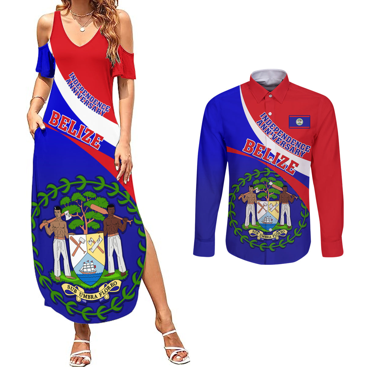 Personalised Belize Independence Day Couples Matching Summer Maxi Dress and Long Sleeve Button Shirts Coat Of Arms Curve Style - Wonder Print Shop