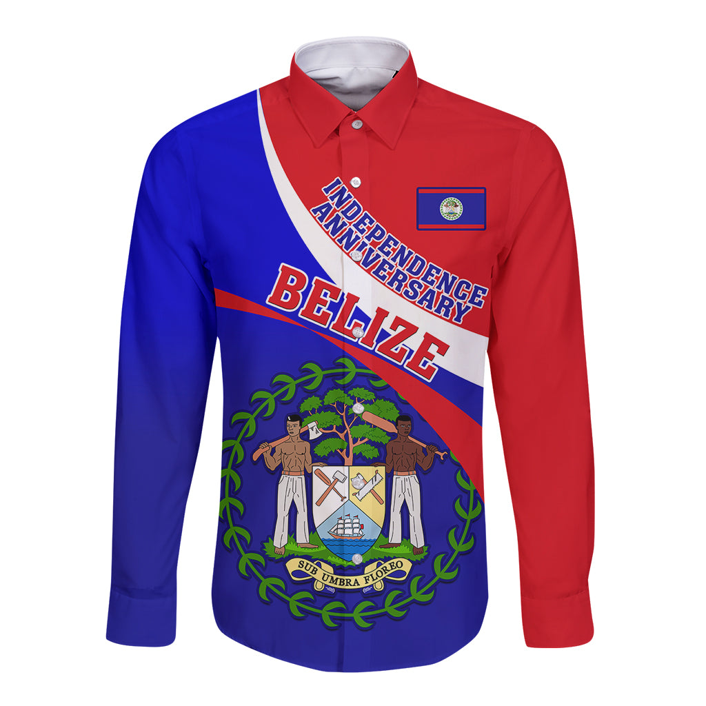 Unisex long sleeve button shirt with Belize crest, red/blue diagonal design